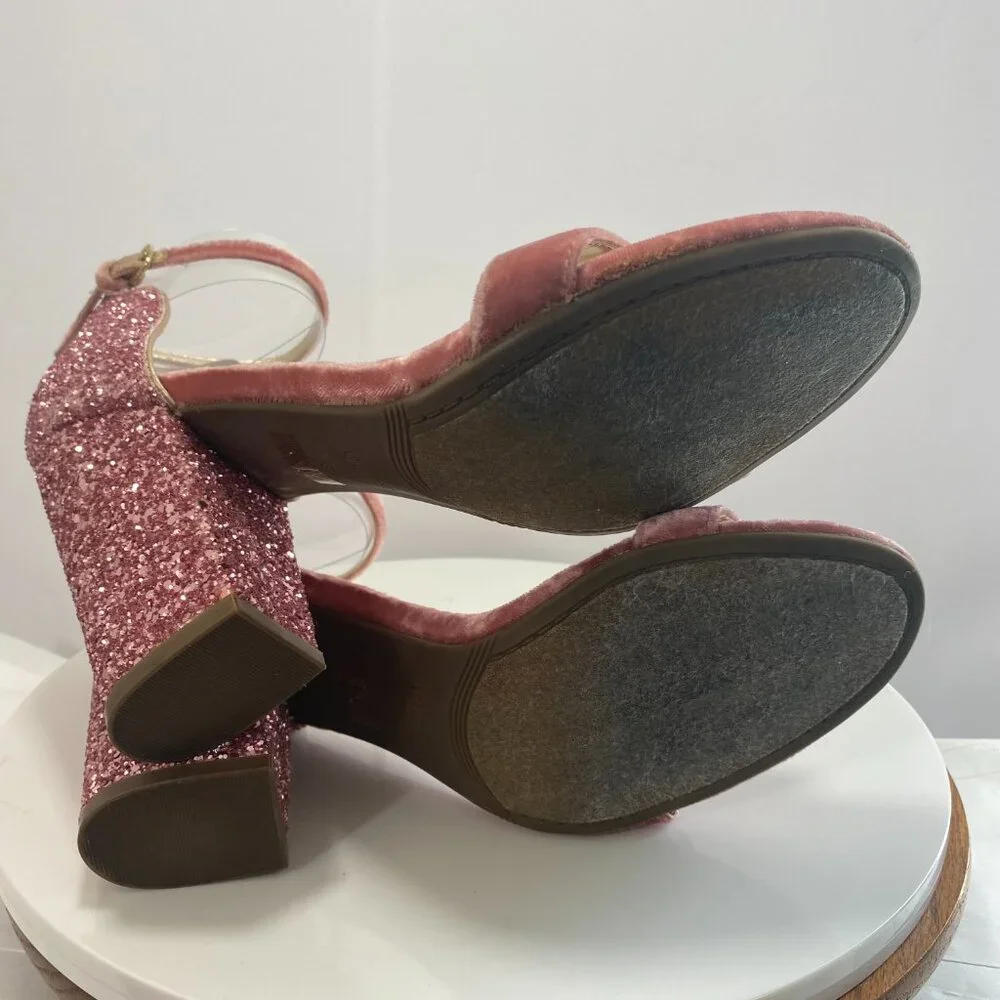 Guess Glitter Party Wrap BamBam Velvet Ankle Strap Block Heel Sandals 8.5 Pink‎